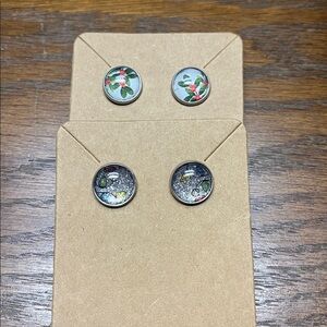 Colorful Holiday Stud Earrings with Silver Accents - set of 2, handmade